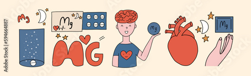 A set of concepts on the treatment and prevention of magnesium deficiency in the human body. Vector illustration in hand drawn style