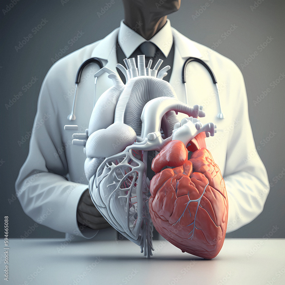Cardiac surgery , human heart with cells and arteries, heart attack