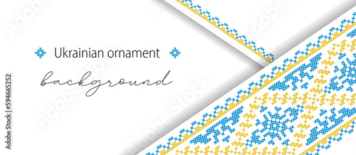 Ukrainian minimalistic vector background, banner, poster with traditional folk, ethnic ornament. Banner in yellow and blue Ukrainian flag colors. Vyshyvanka, cross stitch