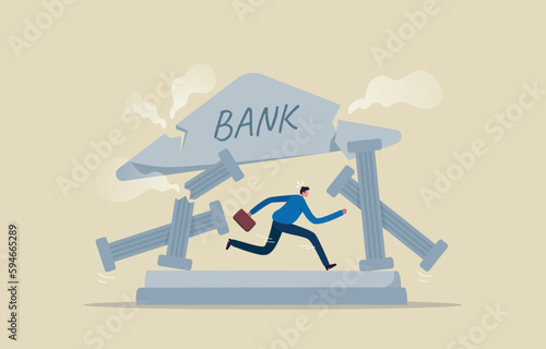 Banking Default and Bank Crisis. Man running out of ruining bank. Illustration