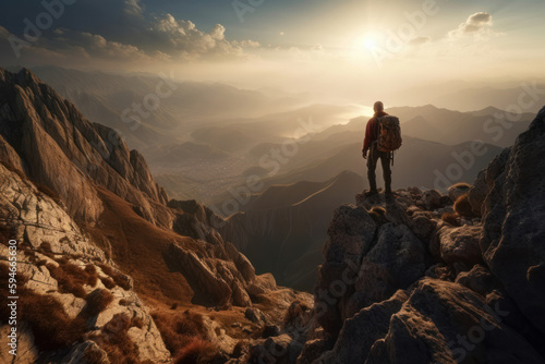 A hiker reaches the mountaintop, admiring the breathtaking landscape and enjoying a healthy outdoor exercise with his backpack. perseverance and achievement. Generative AI. © sorapop