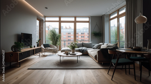 A apartment of a beautiful bright modern Scandinavian style house with large windows opening, generative AI © TimosBlickfang