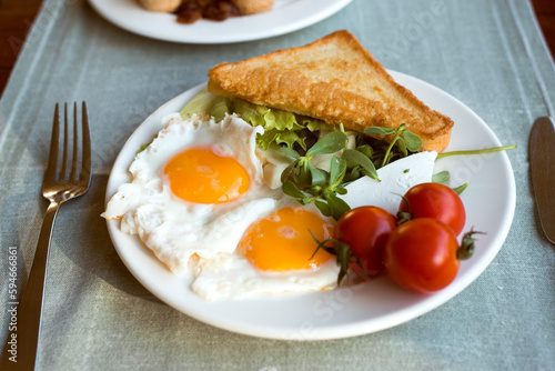 healthy breakfast - eggs , greens and tomatoes, bread on plate