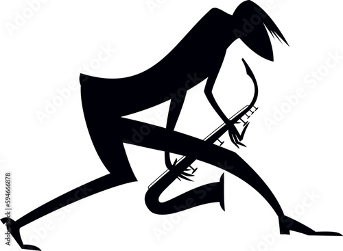 Musician playing saxophone. Original silhouette. Musician playing saxophone with inspiration. Black and white 