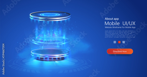 Hologram effect of circle digital portals with blue neon light. Futuristic podiums, teleport platforms, teleportation process game effect, futuristic lighting and bright wrap aura. Vector illustration