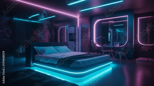 A futuristic bedroom with neon lighting and holographic accents. AI generated © ArtStage