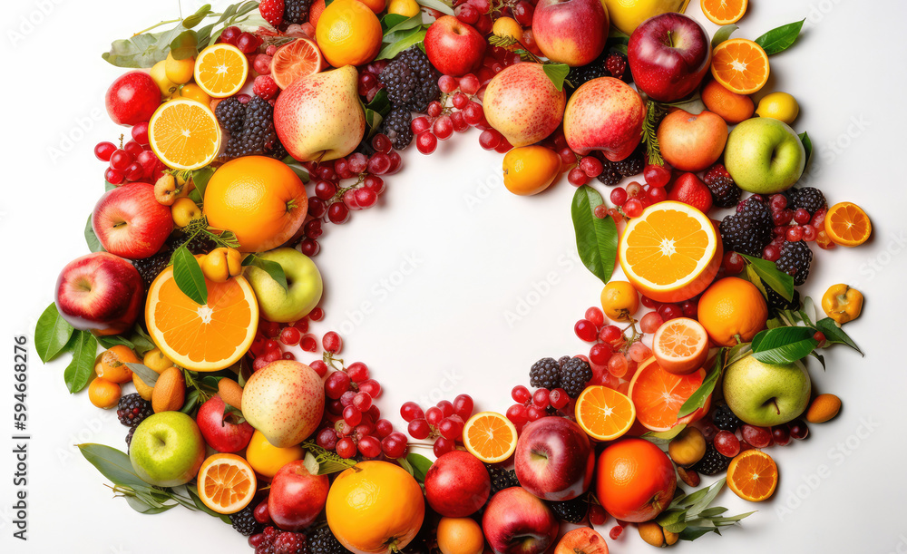 Frame Of Fruits On White Background. Generative AI Frame Of Fruits On White Background. Generative AI