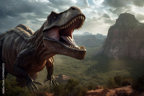 Dinosaur Trex Roaring In Rocky Canyon. Generative AI