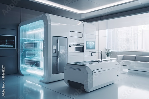 Futuristic white kitchen with large fridge storage, (Created with Generative AI) © Roy