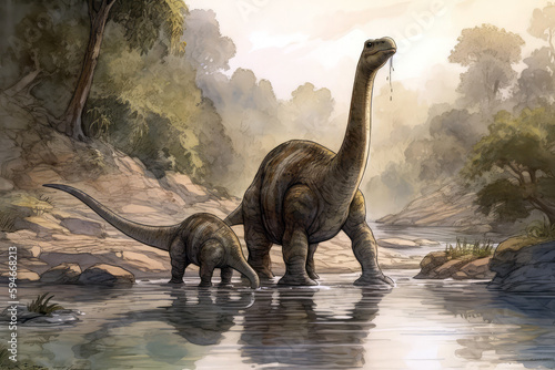Dinosaurs Brontosaurus Mother And Baby In River. Generative AI