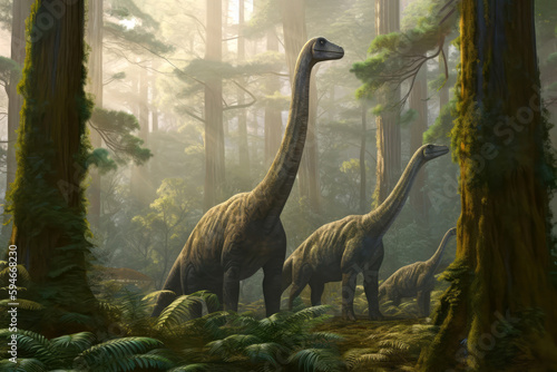 Dinosaurs Brachiosaurus Family Grazing On Tall Trees. Generative AI