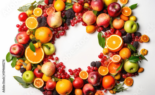 Frame Of Fruits On White Background. Generative AI © Anastasiia