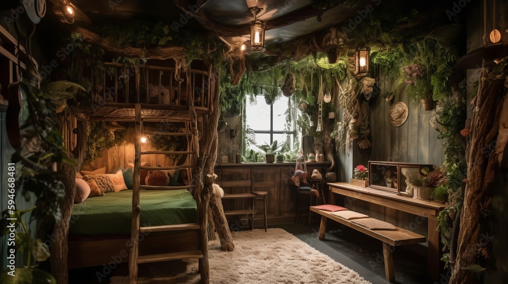 A jungle-themed hideaway with hanging vines and plush animals. AI generated