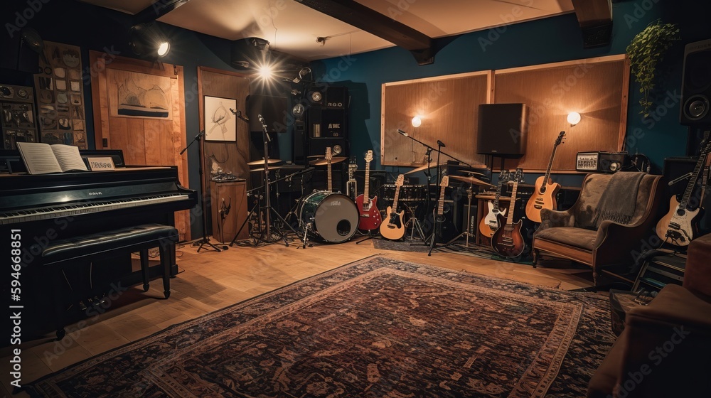 A music room with instruments and a recording studio setup. AI