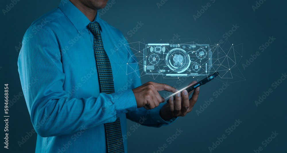 A Businessman Chat with AI, Artificial Intelligence. Man using technology smart robot AI, entering command prompt for generates something, Futuristic technology transformation concept.