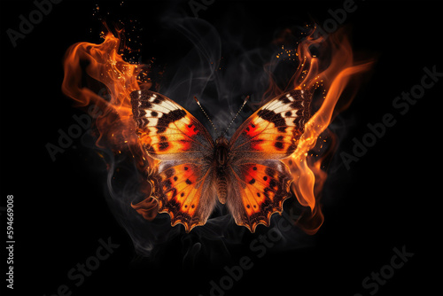 Fiery burning butterfly with flames on its wings design on black background. Generative AI © Golden_hind