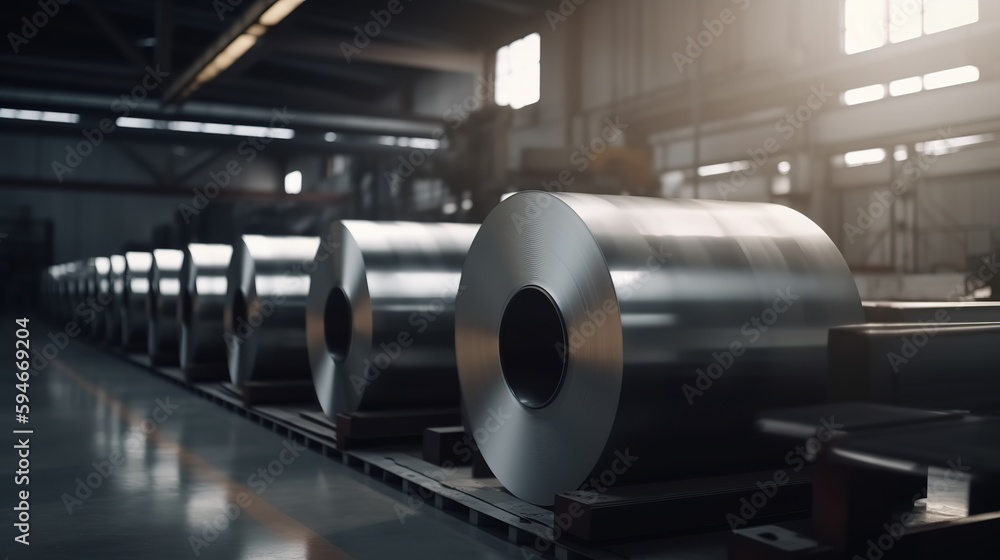 Large aluminium steel rolls in the factory - Generative AI
Large aluminium steel rolls in the factory - Generative AI