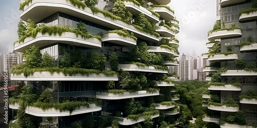 Splendid environmental awareness city with vertical forest concept of metropolis covered with green plants. Civil architecture and natural biological life combination. generative ai technology