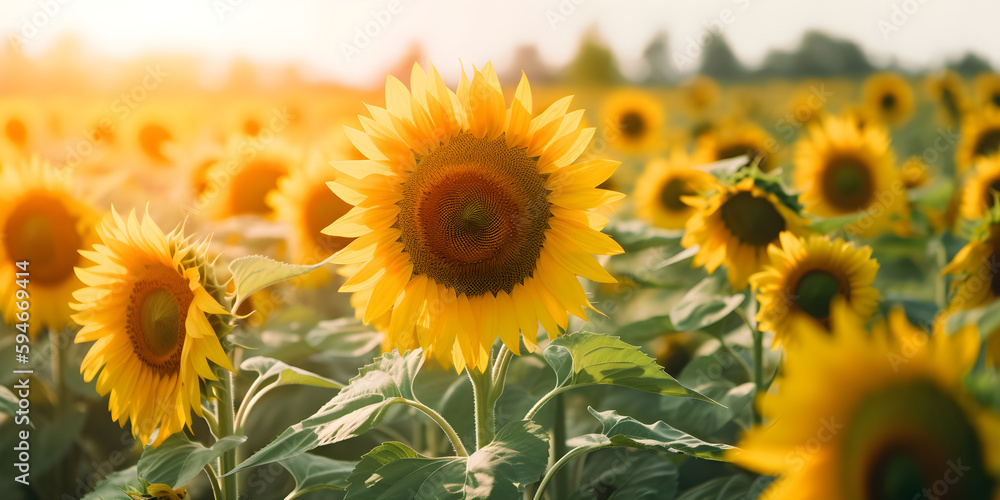 Fototapeta premium field of blooming sunflowers on a background sunset Generative AI