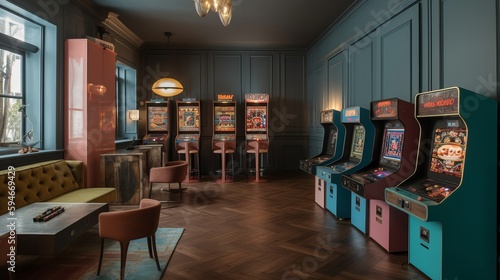 A retro-inspired game room with vintage arcade games and a jukebox. AI generated photo