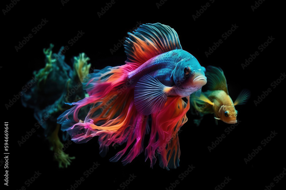 Neoncolored Fish Swimming In Black Abyss. Generative AI Neoncolored Fish Swimming In Black Abyss. Generative AI