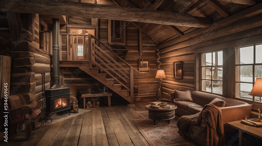 A rustic cabin-inspired room with a cozy fireplace and log cabin walls. AI generated