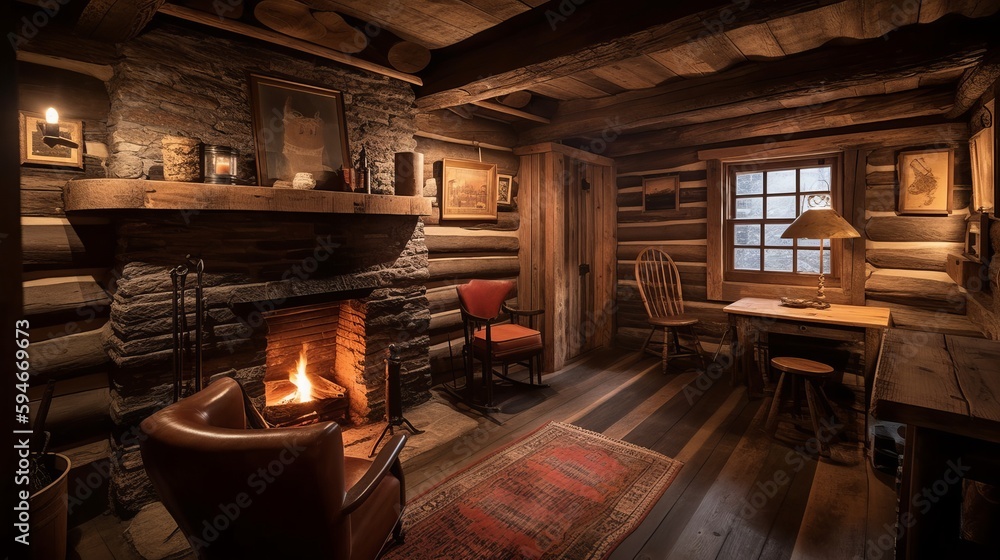 A Rustic Cabin Inspired Room With A Cozy Fireplace And Log Cabin Walls