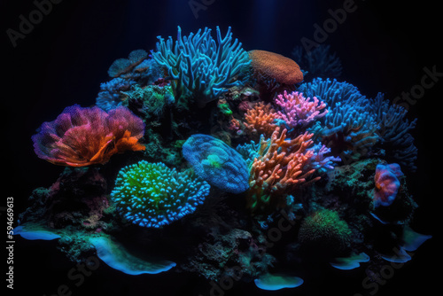 Neonlit Coral Reef Teaming With Marine Life. Generative AI