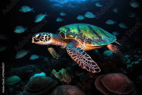 Sea Turtle Surrounded By Bioluminescent Creatures. Generative AI