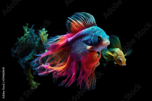 Neoncolored Fish Swimming In Black Abyss. Generative AI © Anastasiia