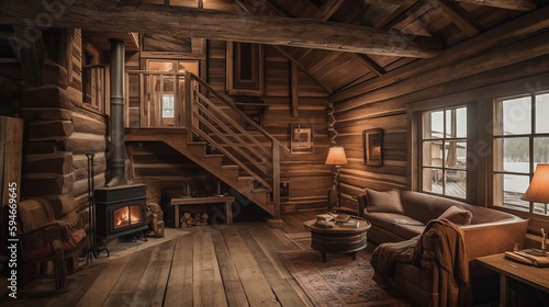 A rustic cabin-inspired room with a cozy fireplace and log cabin walls. AI generated