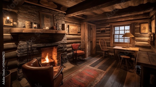 A rustic cabin-inspired room with a cozy fireplace and log cabin walls. AI generated