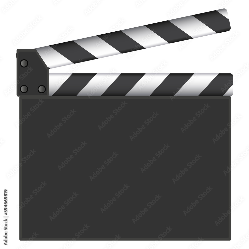 Film clapper. Realistic opened movie clap board. Cinematography and filmmaking equipment. Blank cinema clapper  illustration isolated on white background