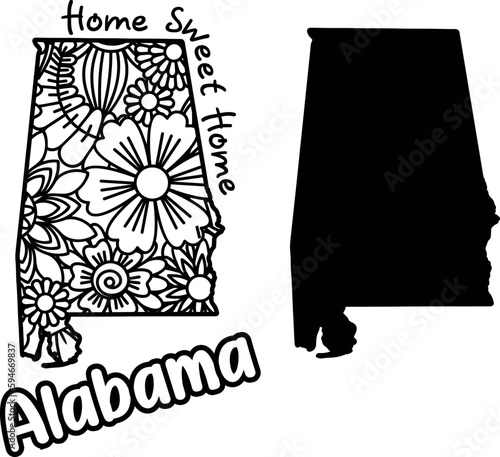 Floral Alabama state design. Alabama state map with floral pattern and lettering home sweet home for laser cutting, sublimation and printing. Silhouette of the US state of Alabama.