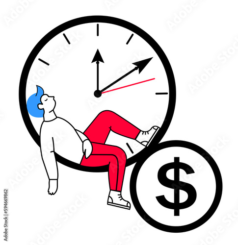 Man sleeps tired sitting on the clock. The man is waiting. Clock, clock hands. Afternoon nap. Time is money. Money icon. Vector graphics. White background.