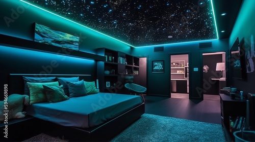 A space-themed kids room interior with glow in the dark stars and planet decor. . AI generated