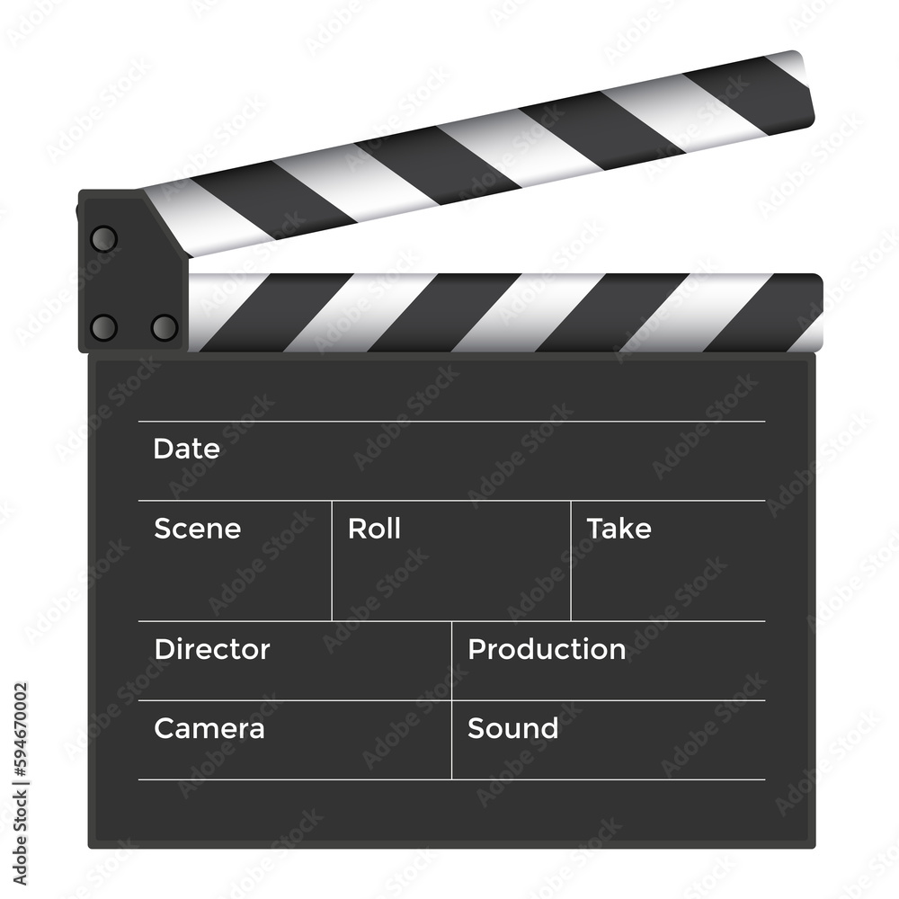 Film clapper. Realistic opened movie clap board. Cinematography and filmmaking equipment. Blank cinema clapper  illustration isolated on white background