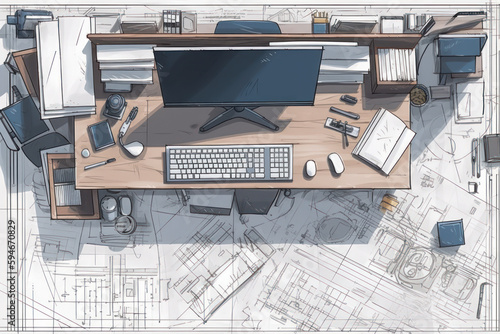 Top-down view of an architect's desk with a blueprints generative ai