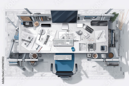 Top-down view of an architect's desk with a blueprints generative ai