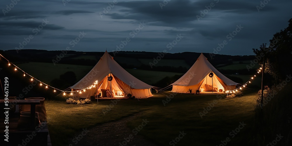 Two Glamping camping teepee tents at night. Summer white camping. Nature green tourism. Generative AI
