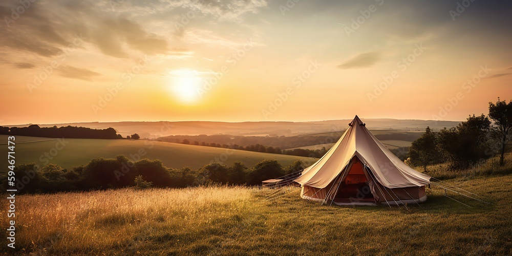 Glamping camping teepee tent. Summer white camping. Nature green tourism. Generative AI