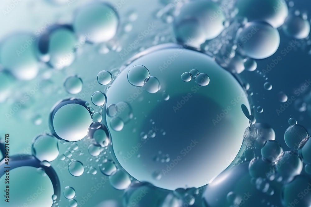 Group of soap bubbles on blue background. AI generated image.