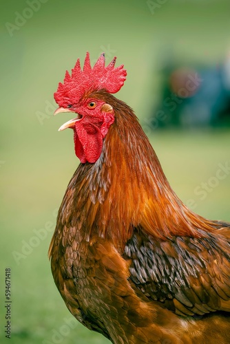 Brown adult rooster with the open beak