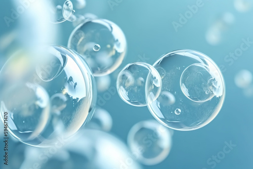 Group of soap bubbles on blue background. AI generated image.