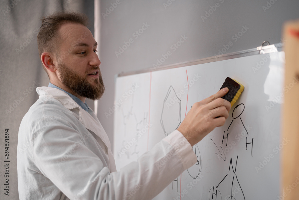 Teacher cleaning the whiteboard holding eraser erasing in classroom