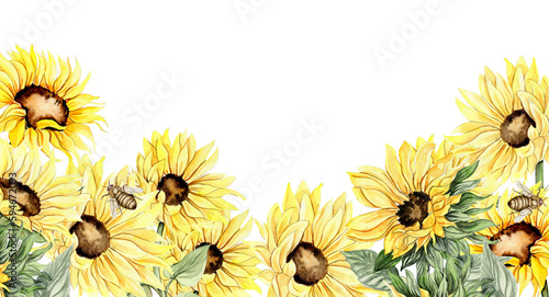 Watercolor horizontal seamless background with sunflowers. Butterflies in cartoon style. Hand drawn illustration of summer. Perfect for scrapbooking, kids design, wedding invitation. greetings cards.