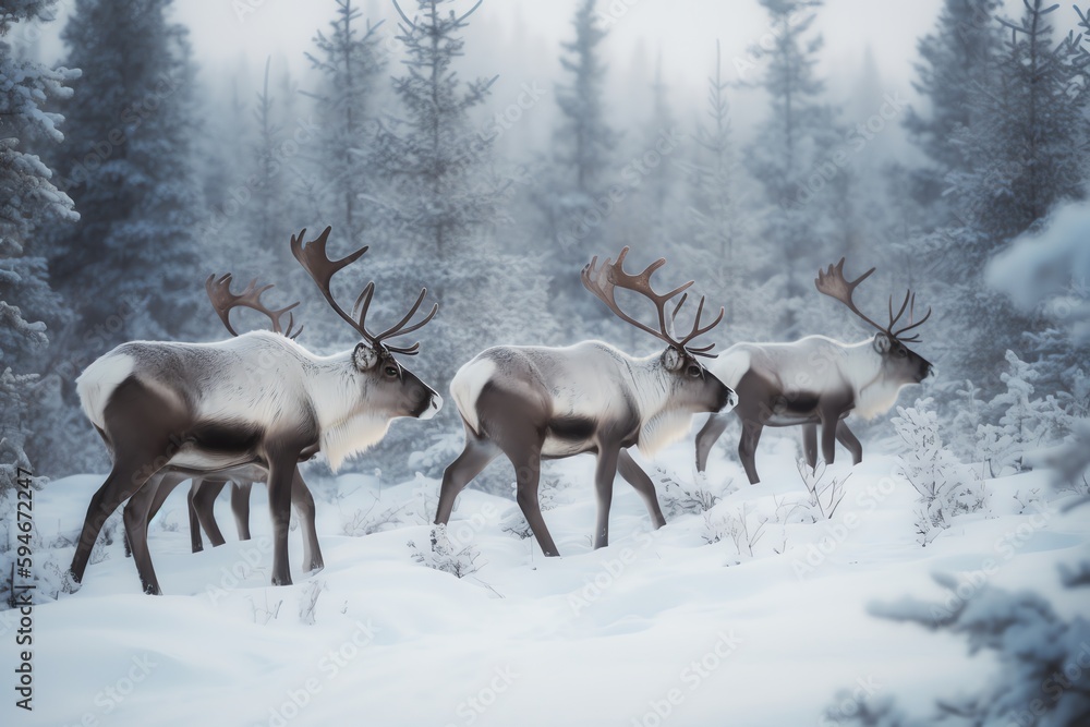 Spotted reindeer group walking in snowy Russian terrain. Christmas holiday. Generative AI Spotted reindeer group walking in snowy Russian terrain. Christmas holiday. Generative AI