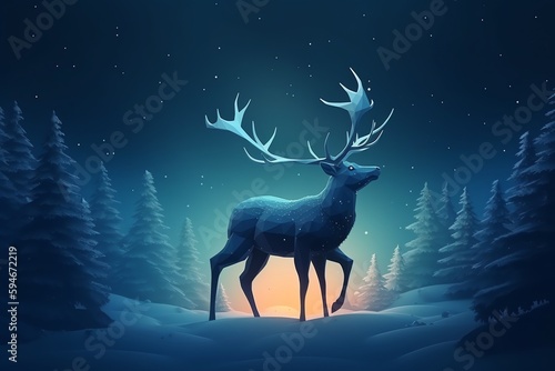 Reindeer with glowing horns at night. Christmas holiday. Generative AI