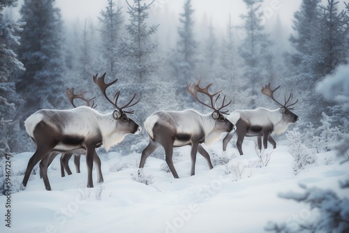 Spotted reindeer group walking in snowy Russian terrain. Christmas holiday. Generative AI