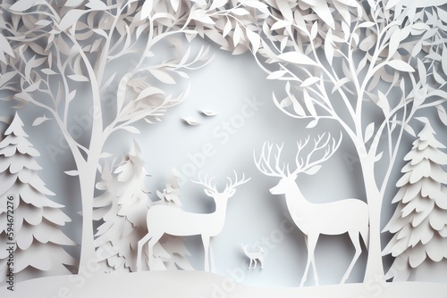 Winter papercut design with snowflakes, trees, and reindeer on white background. Christmas holiday. Generative AI © Pixel Matrix